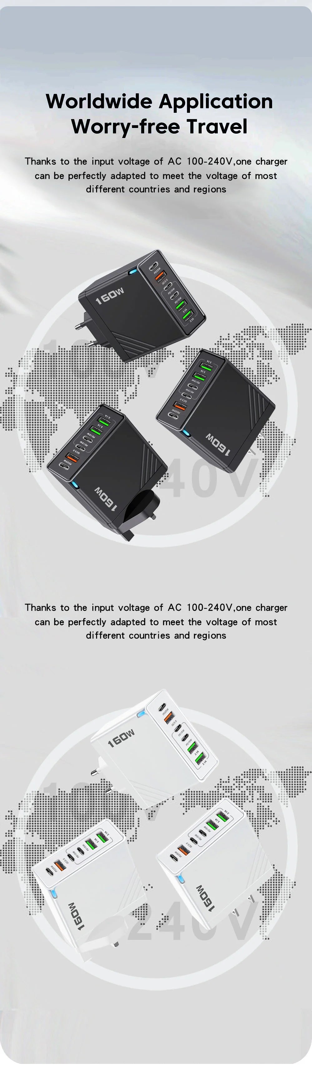 160W Multi Ports USB Charger Type C Fast Charging Phone Charger Adapter For iPhone Samsung Xiaomi Huawei EU/US Plug Wall Charger