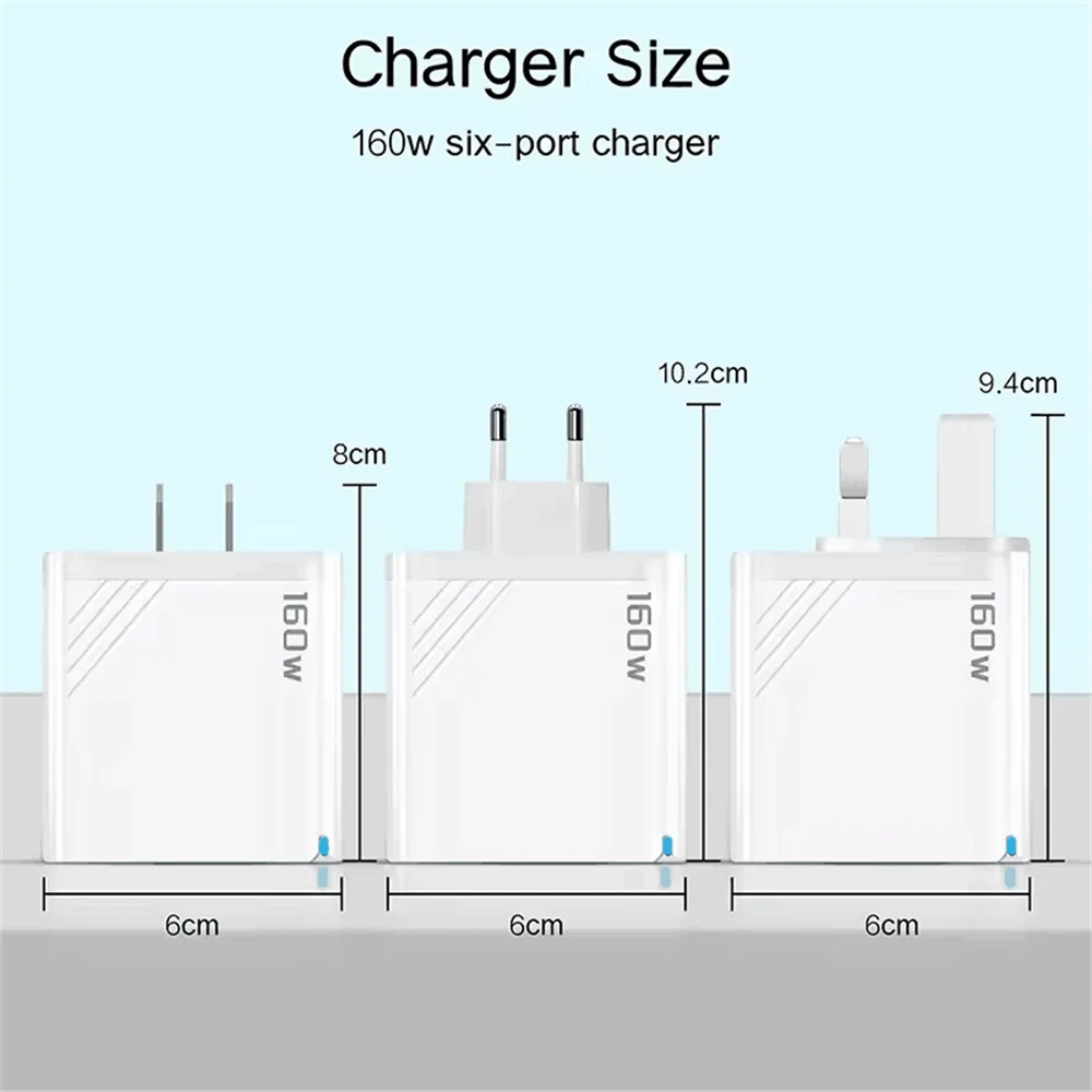 160W Multi Ports USB Charger Type C Fast Charging Phone Charger Adapter For iPhone Samsung Xiaomi Huawei EU/US Plug Wall Charger