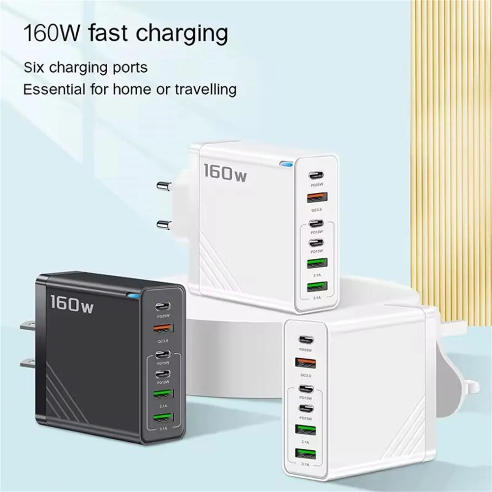 160W Multi Ports USB Charger Type C Fast Charging Phone Charger Adapter For iPhone Samsung Xiaomi Huawei EU/US Plug Wall Charger