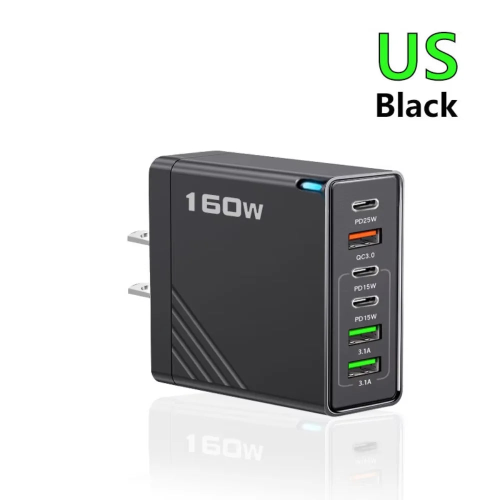 160W Multi Ports USB Charger Type C Fast Charging Phone Charger Adapter For iPhone Samsung Xiaomi Huawei EU/US Plug Wall Charger